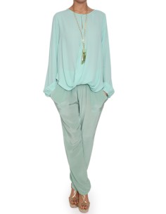 Pantalón drapeado en crepe de seda verde agua